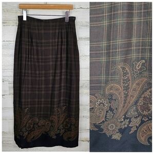 VTG Breeches Tartan Plaid Wool Blend Maxi Skirt Sz 12 Brown Paisley Academia